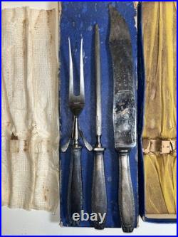 Antique German Silver Plated Carving Set Knife Fork Sharpener Original Box
