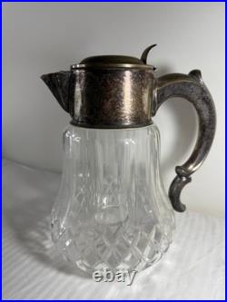 Antique German Silver-Plated Cut Crystal Pitcher with Lids & Glass Insert