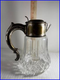 Antique German Silver-Plated Cut Crystal Pitcher with Lids & Glass Insert