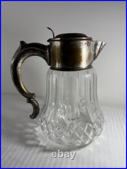 Antique German Silver-Plated Cut Crystal Pitcher with Lids & Glass Insert