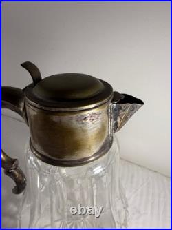Antique German Silver-Plated Cut Crystal Pitcher with Lids & Glass Insert