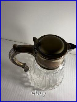 Antique German Silver-Plated Cut Crystal Pitcher with Lids & Glass Insert