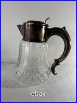 Antique German Silver-Plated Cut Crystal Pitcher with Lids & Glass Insert