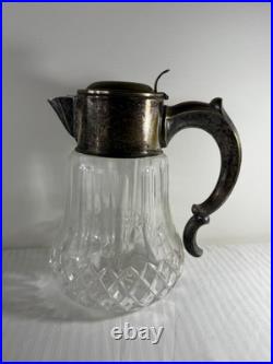 Antique German Silver-Plated Cut Crystal Pitcher with Lids & Glass Insert