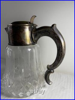 Antique German Silver-Plated Cut Crystal Pitcher with Lids & Glass Insert
