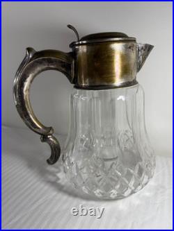 Antique German Silver-Plated Cut Crystal Pitcher with Lids & Glass Insert