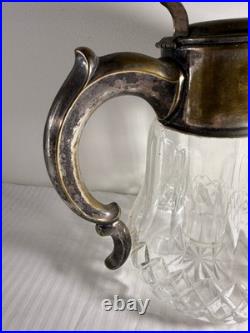 Antique German Silver-Plated Cut Crystal Pitcher with Lids & Glass Insert