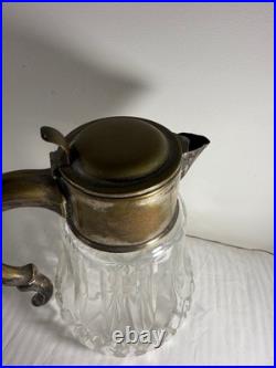 Antique German Silver-Plated Cut Crystal Pitcher with Lids & Glass Insert