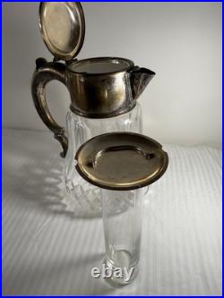 Antique German Silver-Plated Cut Crystal Pitcher with Lids & Glass Insert