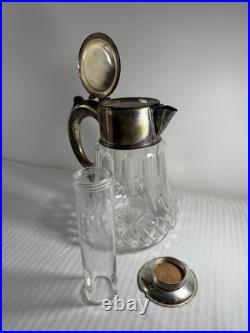 Antique German Silver-Plated Cut Crystal Pitcher with Lids & Glass Insert