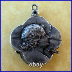 Antique German Slider Photo Locket Silver Charm Pendant Lucky Clover Woman