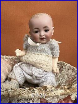 Antique German Solid Dome JDK Bisque Head Baby Doll In Basket Cute 8