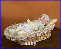 Antique German Solid Dome JDK Bisque Head Baby Doll In Basket Cute 8