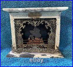Antique German Tin Gilt Marble Topped Dollhouse Miniature Fireplace W Fire Antique German Tin Gilt Marble Topped Dollhouse Miniature Fireplace W Fire