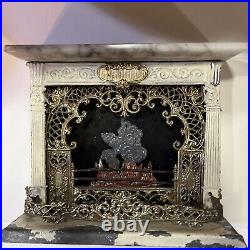 Antique German Tin Gilt Marble Topped Dollhouse Miniature Fireplace W Fire Antique German Tin Gilt Marble Topped Dollhouse Miniature Fireplace W Fire
