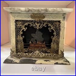 Antique German Tin Gilt Marble Topped Dollhouse Miniature Fireplace W Fire Antique German Tin Gilt Marble Topped Dollhouse Miniature Fireplace W Fire