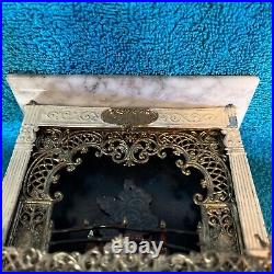 Antique German Tin Gilt Marble Topped Dollhouse Miniature Fireplace W Fire Antique German Tin Gilt Marble Topped Dollhouse Miniature Fireplace W Fire