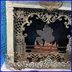 Antique German Tin Gilt Marble Topped Dollhouse Miniature Fireplace W Fire Antique German Tin Gilt Marble Topped Dollhouse Miniature Fireplace W Fire