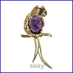 Antique German Vermeil Gold Over Silver Amethyst Textured Parrot Bird Brooch Pin