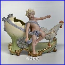 Antique German Victorian Baby Girl Doll Easter Egg & Chicken Bisque Figurine