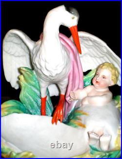 Antique German Victorian Beautiful Stork & Baby Girl Doll Bisque Figurine