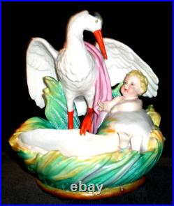 Antique German Victorian Beautiful Stork & Baby Girl Doll Bisque Figurine
