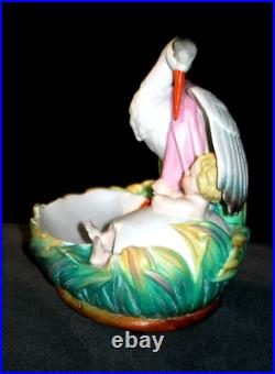 Antique German Victorian Beautiful Stork & Baby Girl Doll Bisque Figurine