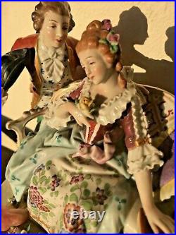 Antique German Volkstedt HP Courting Couple in Love Figure w Book Couch Statue