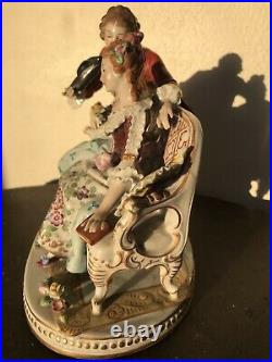 Antique German Volkstedt HP Courting Couple in Love Figure w Book Couch Statue