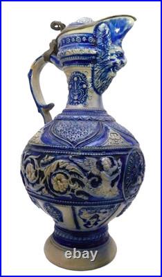 Antique German Westerwald Art Pottery Ewer, c1900 Salt Glaze Detailed 14