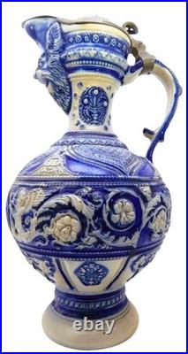 Antique German Westerwald Art Pottery Ewer, c1900 Salt Glaze Detailed 14