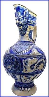 Antique German Westerwald Art Pottery Ewer, c1900 Salt Glaze Detailed 14
