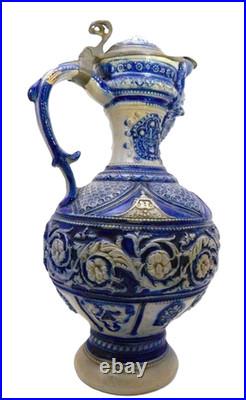 Antique German Westerwald Art Pottery Ewer, c1900 Salt Glaze Detailed 14