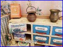 Antique German Wood toy miniature Kitchen, Shop Store With 25+ Accessories