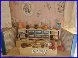 Antique German Wood toy miniature Kitchen, Shop Store With 25+ Accessories