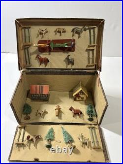 Antique German Wooden Erzgebirge Farm Toy Set Animals Trees Buildings 23 Piece