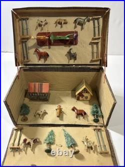 Antique German Wooden Erzgebirge Farm Toy Set Animals Trees Buildings 23 Piece