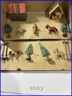 Antique German Wooden Erzgebirge Farm Toy Set Animals Trees Buildings 23 Piece