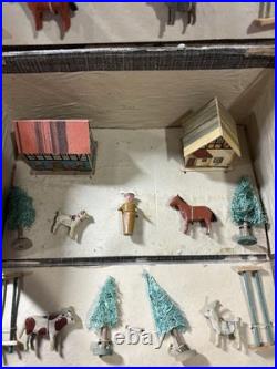 Antique German Wooden Erzgebirge Farm Toy Set Animals Trees Buildings 23 Piece