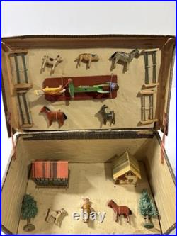 Antique German Wooden Erzgebirge Farm Toy Set Animals Trees Buildings 23 Piece