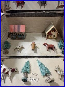 Antique German Wooden Erzgebirge Farm Toy Set Animals Trees Buildings 23 Piece