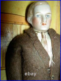 Antique German bisque finely dressed male dollhouse doll with mutton chops XLNT