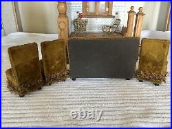 Antique German dollhouse green velvet sofa set with uphostered chairs