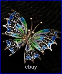 Antique German filigree enamelled butterfly brooch 800 silver