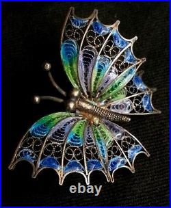 Antique German filigree enamelled butterfly brooch 800 silver