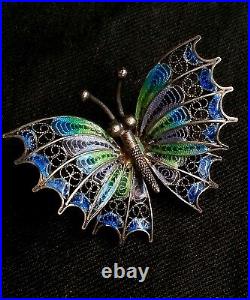 Antique German filigree enamelled butterfly brooch 800 silver