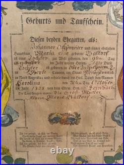 Antique Johann Ritter Pennsylvania German Fraktur Taufschein Framed 1838