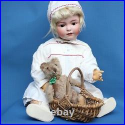 Antique Large Character Porcelain Doll Franz Schmidt c1910s w Steiff Teddy Bear