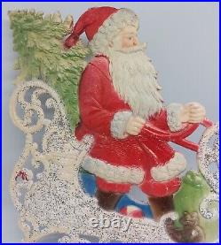 Antique Large German Die Cut Embossed Cardboard Santa Sleigh With Reindeer
