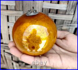 Antique Orange Glass 3.5 German Kugel Christmas Ornament Old 5 Leaves Cap 183